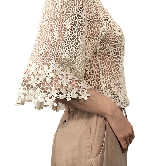 Free People Crochet Floral Lace Top Semi-Sheer Beige One Sz Cover-Up Scoop Neck - Picture 3 of 8